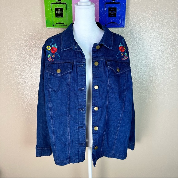 Blair Embroidered Denim Jacket Button Up Blue Weekend Retro Large - Picture 9 of 12